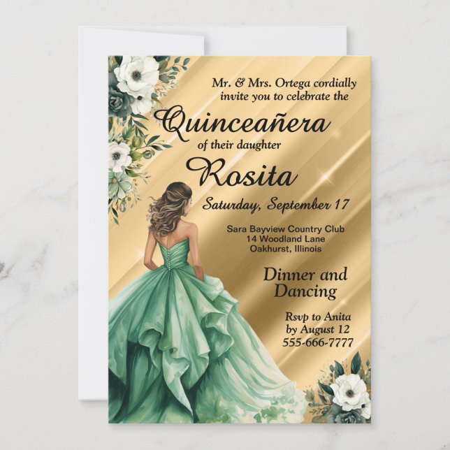 Latino Emerald Grönt Quinceanera-inbjudan Inbjudningar (Framsida)