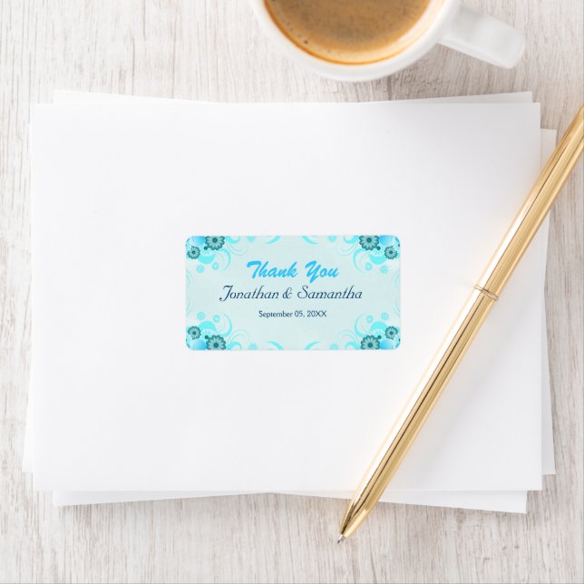 Lätt Aqua Blue Teal Blommigt Medium Wedding Favor Adressetikett (Insitu)
