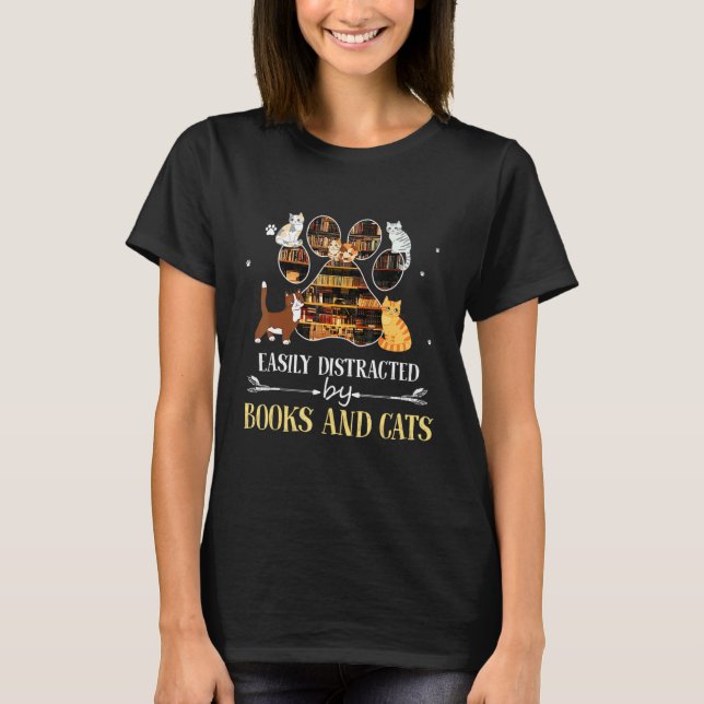 Lätt Distraherad Av Böcker Och Katter Söt Bok Anim T Shirt (Framsida)
