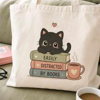 Lätt Distraherad av Böcker Söt Svart Katt Tote Bag Tygkasse