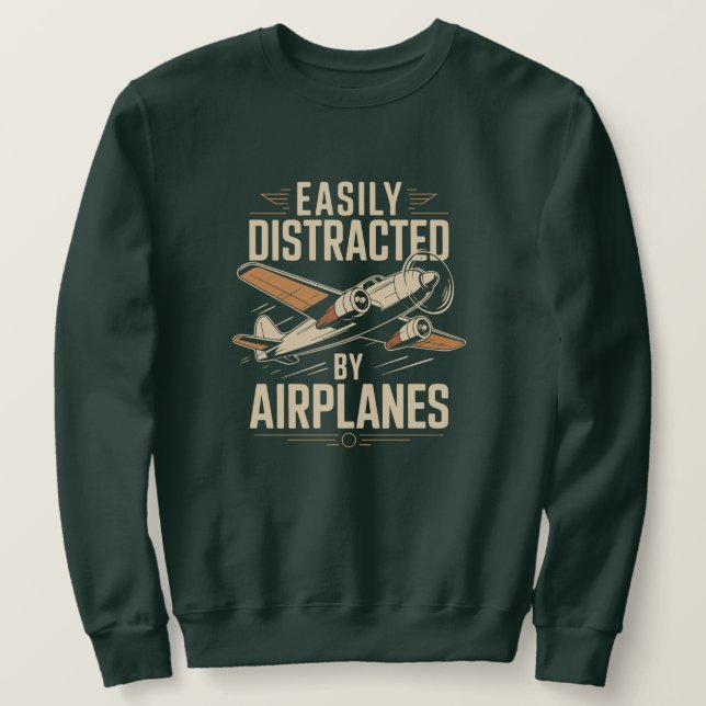 Lätt Distraherad av Flygplan Rolig Luftfart Lång Ärmad Tröja (Design framsida)