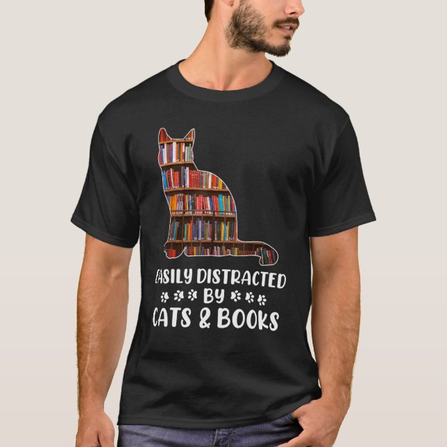 Lätt Distraherad Av Katter Och Böcker Nördar T Shirt (Framsida)