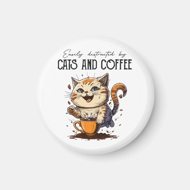 Lätt Distraherad Av Katter Och Kaffe Kattälskare K Magnet (Framsidan)