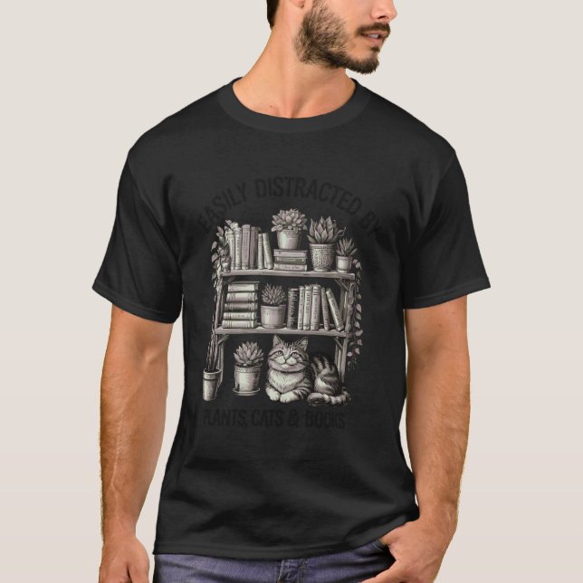 Lätt Distraherad av Växter Katter & Böcker Planter T Shirt (Framsida)
