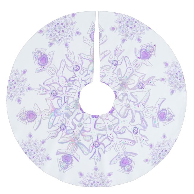 lätt lila snöflake och glittrande hjärta julgransmatta borstad polyester (Framsidan)