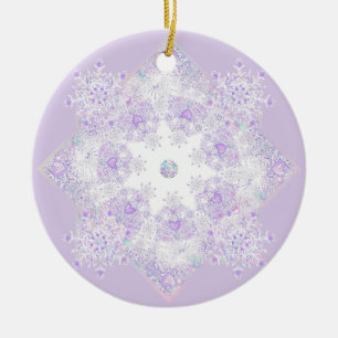 lätt lila snöflake och glittrande hjärta julgransprydnad keramik