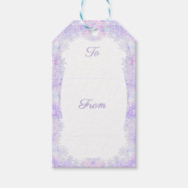 lätt lila snöflake och glittrande hjärta presentetikett