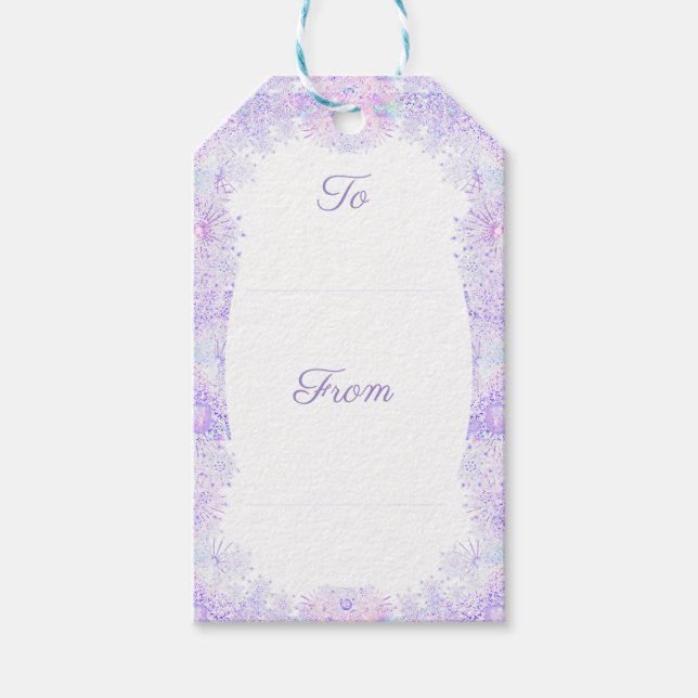 lätt lila snöflake och glittrande hjärta presentetikett (Framsidan)