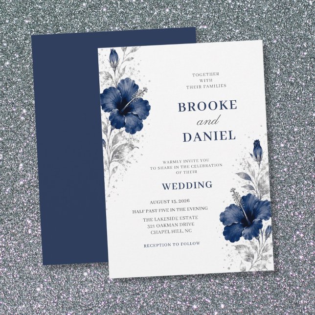 Lätt Navy Hibiskus Silver Glitter Bröllop Inbjudningar (Skapare uppladdad)