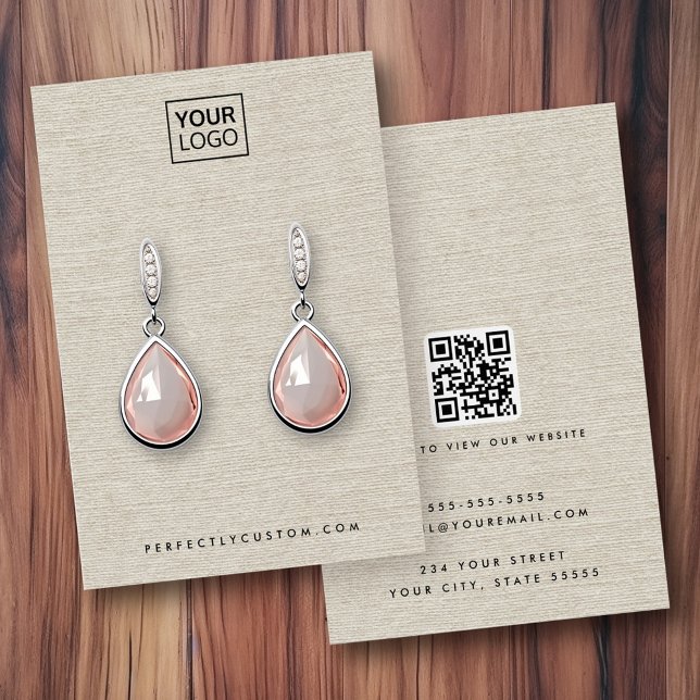 Lätt streck, utseende logotyp QR-visning Visitkort (Light tan linen look logo QR earring display card)