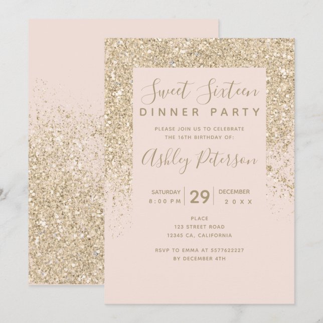 lätt typografi guld glitter  rosa Söt 16 Inbjudningar (Fram/baksida)