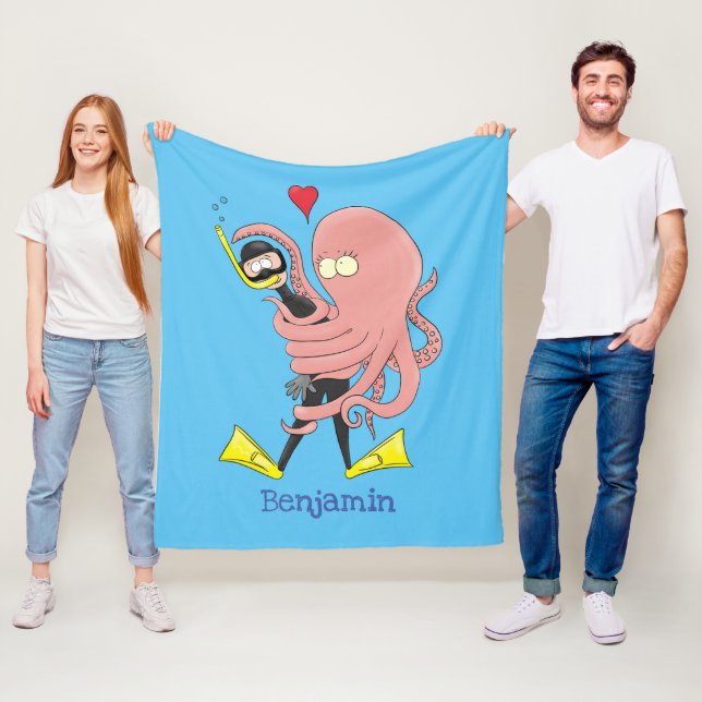 Lättare bläckfisk, dykare tecknad humor fleecefilt (På plats)