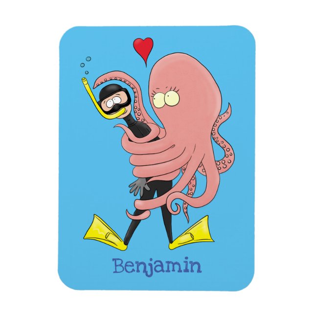 Lättare bläckfisk, dykare tecknad humor magnet (Vertikal)