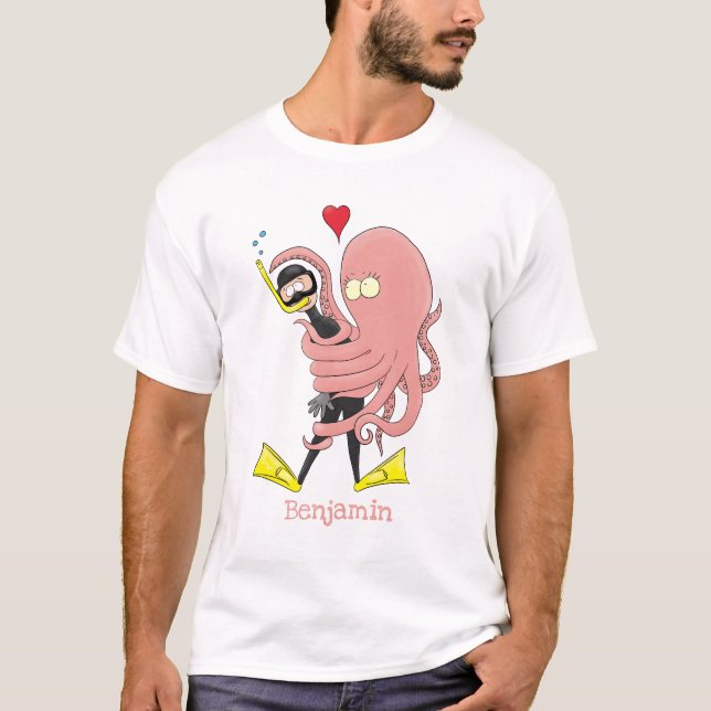 Lättare bläckfisk, dykare tecknad humor t shirt (Framsida)