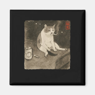 Lättare Ledsen Cat Smoking Meme Sumi-e Japansk Art Magnet