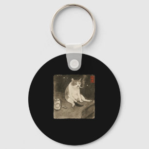 Lättare Ledsen Cat Smoking Meme Sumi-e Japansk Art Nyckelring