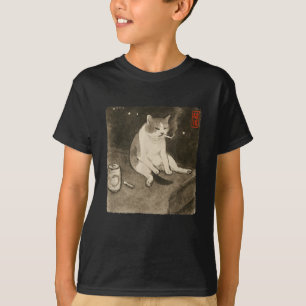 Lättare Ledsen Cat Smoking Meme Sumi-e Japansk Art T Shirt