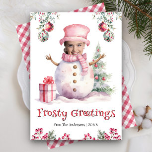 Lättare Rosa Snögubbe Kids Photo Ansikte Roligt ju Julkort