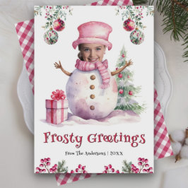 Lättare Rosa Snögubbe Kids Photo Ansikte Roligt ju Julkort