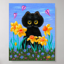 Lättare svarta Katt Art Vår Daffodils Creationarts