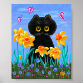Lättare svarta Katt Art Vår Daffodils Creationarts Poster