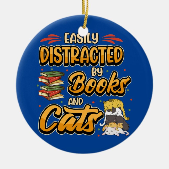 Lättdistraherat av bokar och katter Bookworm Bok Julgransprydnad Keramik (Framsidan)