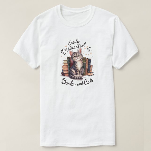 Lättdistraherat av bokar och katter t shirt (Design framsida)