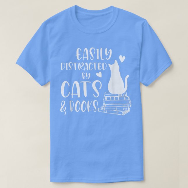 Lättdistraherat av katter och bokar-katt bok älska t shirt (Design framsida)