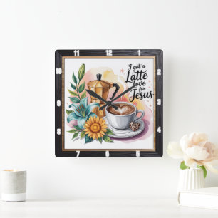 Latte Kärlek Jesus Coffee Fyrkantig Klocka