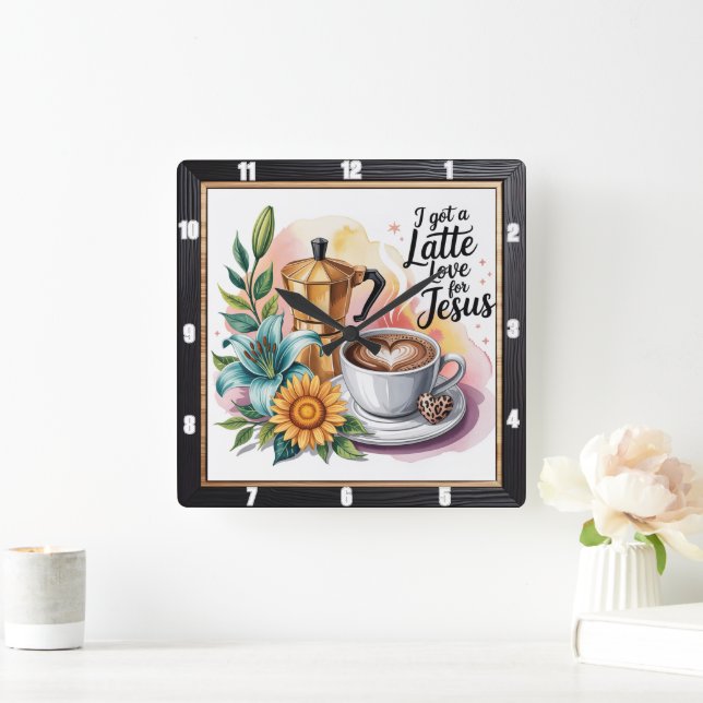 Latte Kärlek Jesus Coffee Fyrkantig Klocka (Hem)