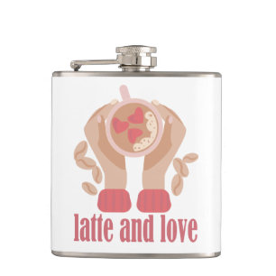 Latte och kärlek kopp, händer och kaffecitat fickplunta