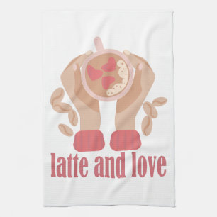Latte och kärlek kopp, händer och kaffecitat kökshandduk