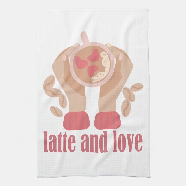 Latte och kärlek kopp, händer och kaffecitat kökshandduk (Vertikal)