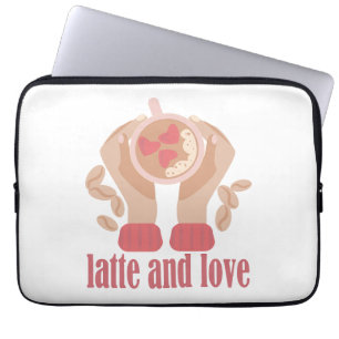 Latte och kärlek kopp, händer och kaffecitat laptop fodral