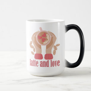 Latte och kärlek kopp, händer och kaffecitat magisk mugg