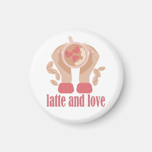 Latte och kärlek kopp, händer och kaffecitat magnet