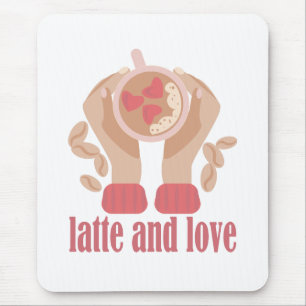 Latte och kärlek kopp, händer och kaffecitat musmatta