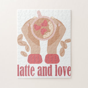 Latte och kärlek kopp, händer och kaffecitat pussel