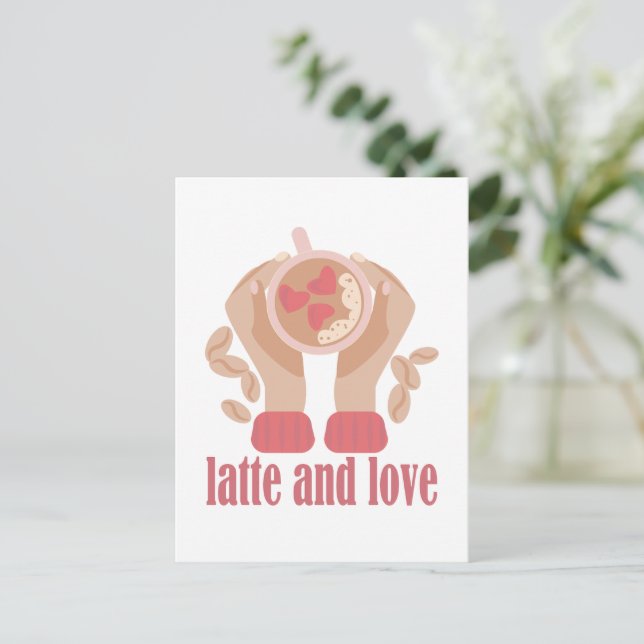 Latte och kärlek kopp, händer och kaffecitat vykort (Stående Fram)