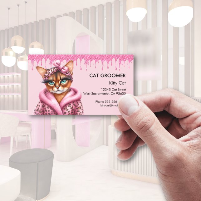 Lättfångad Groomer Sitter Rosa Glitter-inskjutning Visitkort (Lovely Cat Groomer Sitter Pink Glitter Dripping Business Card)