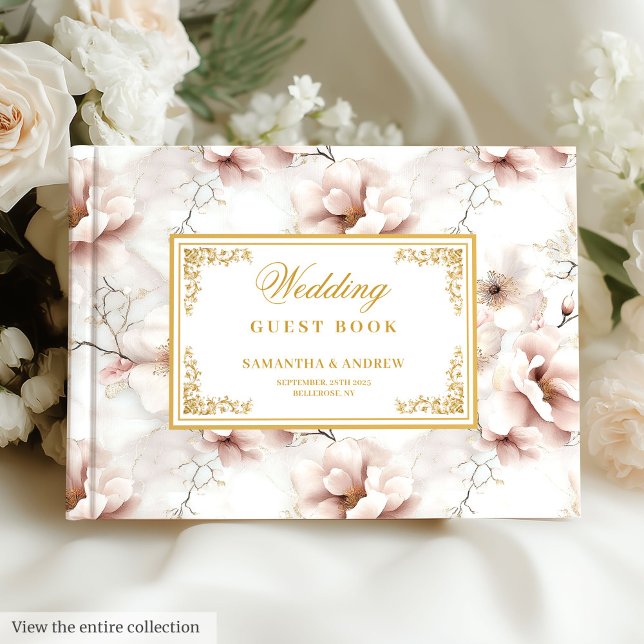 Lättfärgade dammiga rosa blommor guld bröllop gästböcker (Lovely watercolor dusty pink flowers gold wedding Guest Book)