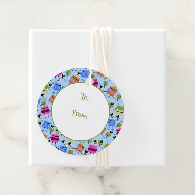 Lättfärgade grodor och bumblebin gåvor etiketter (På plats)