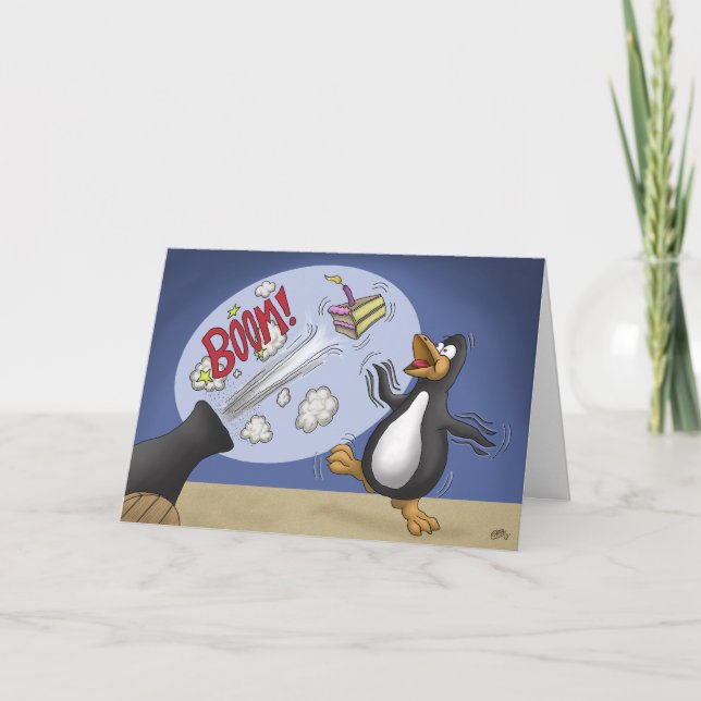 Lättfilig Födelsedagskort: Penguin Cake Cannon Kort (Framsida)