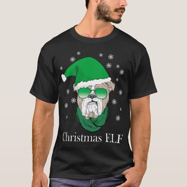 Lättfilig Jul Elf - Coola Bulldog i solglasögon T Shirt (Framsida)