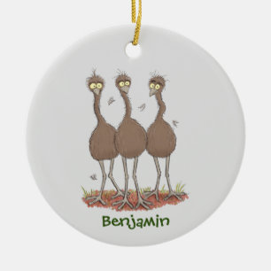 Lättfunny illustration av australisk emu trio-teck julgransprydnad keramik