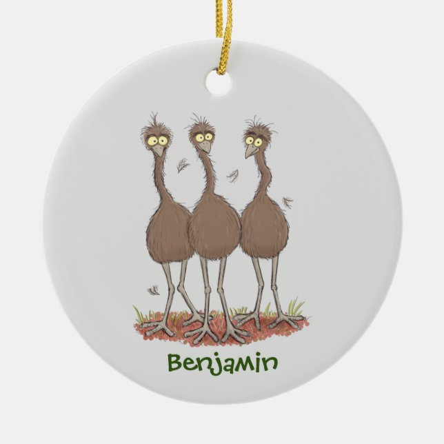 Lättfunny illustration av australisk emu trio-teck julgransprydnad keramik (Framsidan)