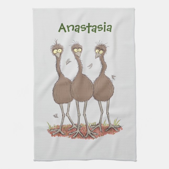 Lättfunny illustration av australisk emu trio-teck kökshandduk (Vertikal)