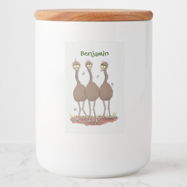 Lättfunny illustration av australisk emu trio-teck mat etikett (Framsida)