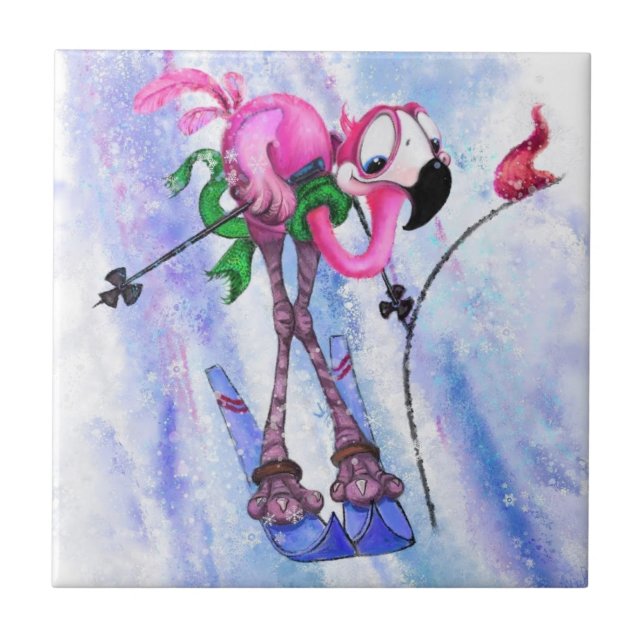 Lättkeramik Tile med Rosa Flamingo Skier Kakelplatta (Framsidan)