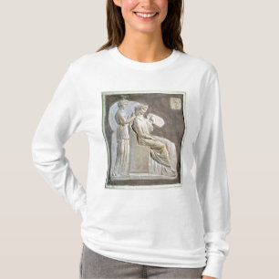 Lättnad som visar en kvinna på henne som är toi t-shirt